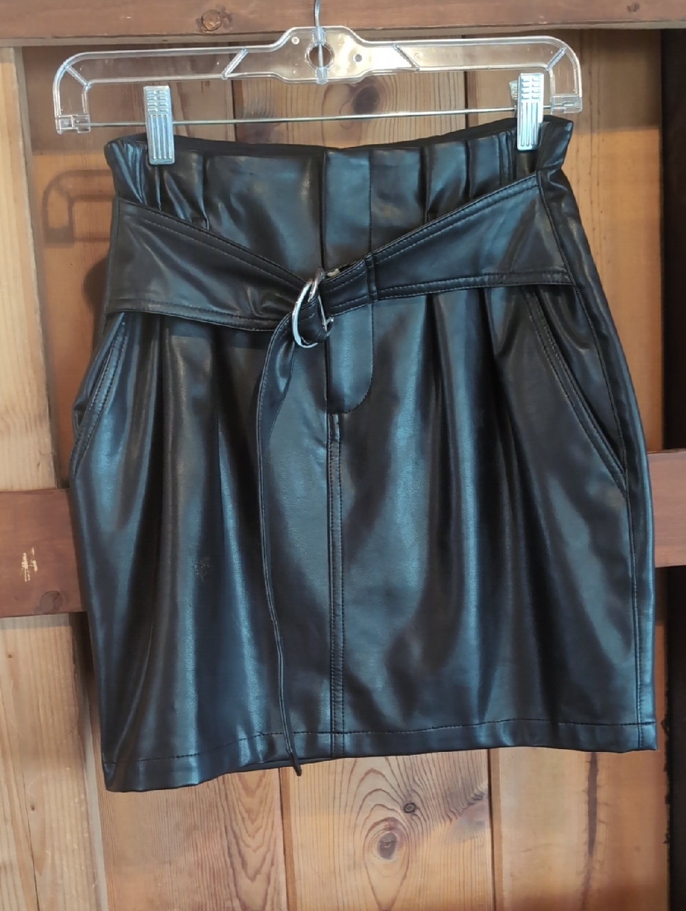 Express Black Faux Leather Paperbag Waist Mini Skirt with Belt